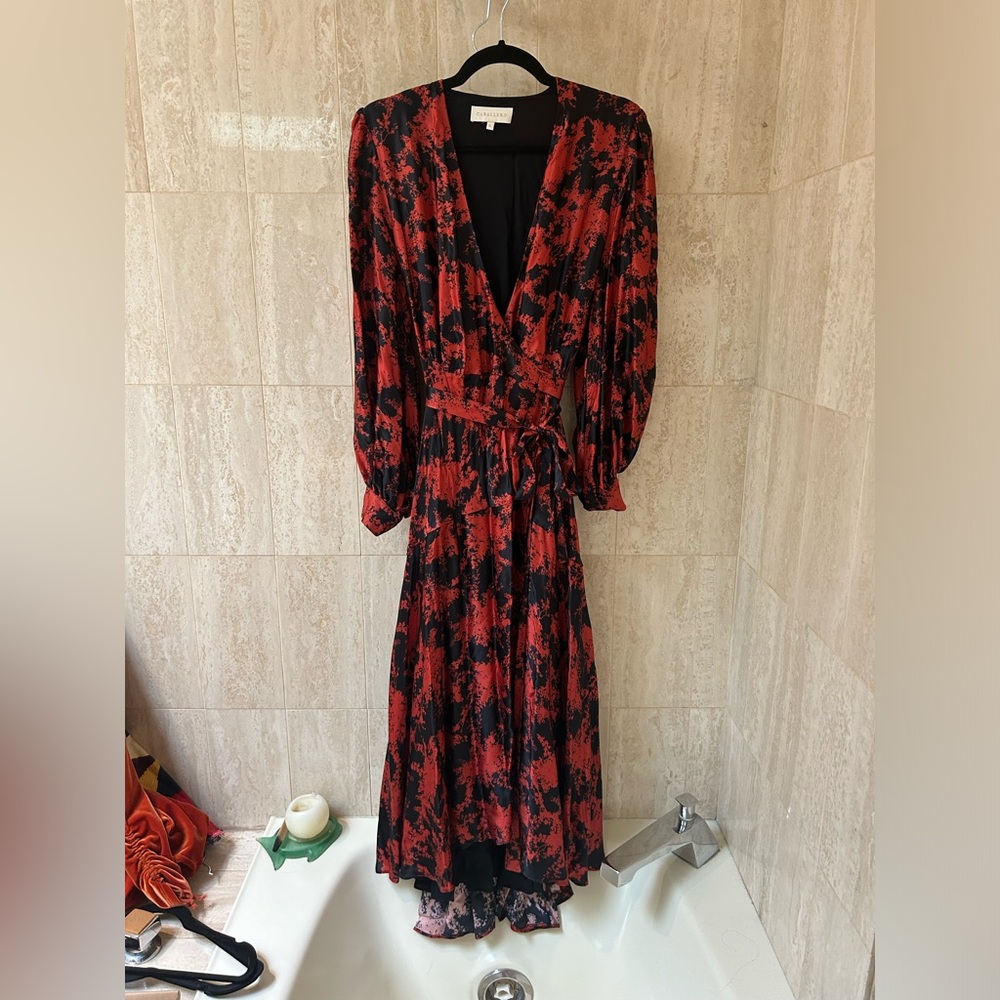 Caballero (Anthropologie) Satin Wrap Dress (Medium) - Brick Red/Navy